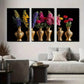 3pcs Colorful Flowers in Golden Vases Metal Print Ready to Hang Art