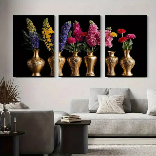 3pcs Colorful Flowers in Golden Vases Metal Print Ready to Hang Art
