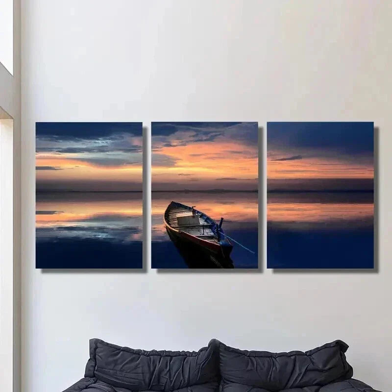 3pcs Boat on Middle of The Sea at Sunset Wall Art Set Canvas Framed 40x60cm - High Quality Print 100% Australian Made Wall Canvas Ready to Hang