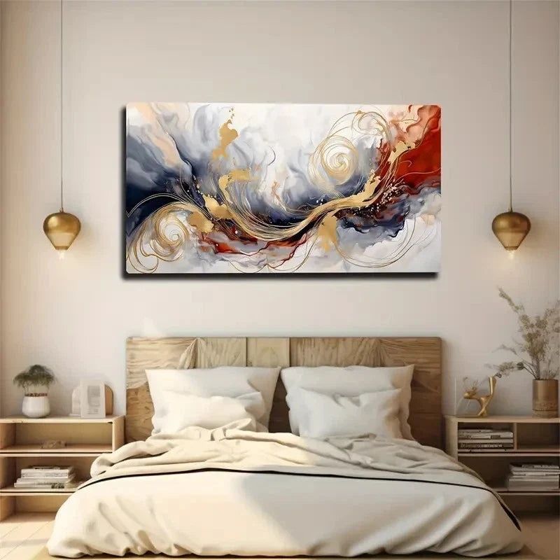 Vibrant Golden & Red Swirling Wall Art canvas office home room framed 120x60cm