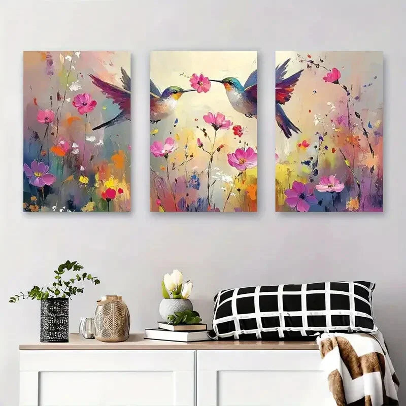 3pcs Vibrant Hummingbirds & Flowers Metal Print Ready to Hang Art