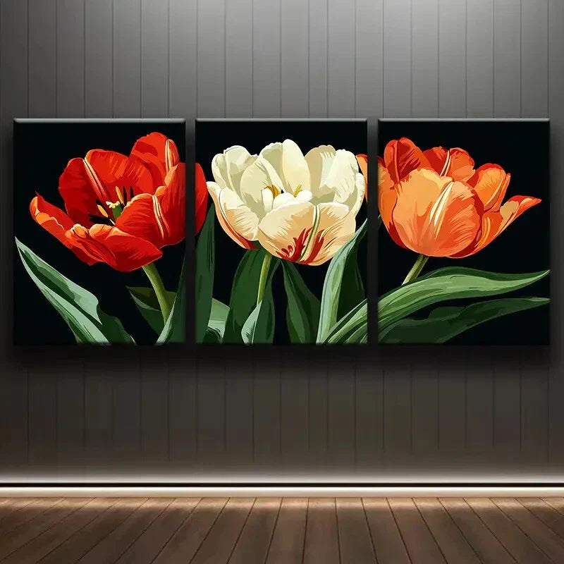3pcs Three Tulips Red Orange Floral Perfect Wall Art Set Canvas Framed 40x60cm - High Quality Print 100% Australian Made Wall Canvas Ready to Hang