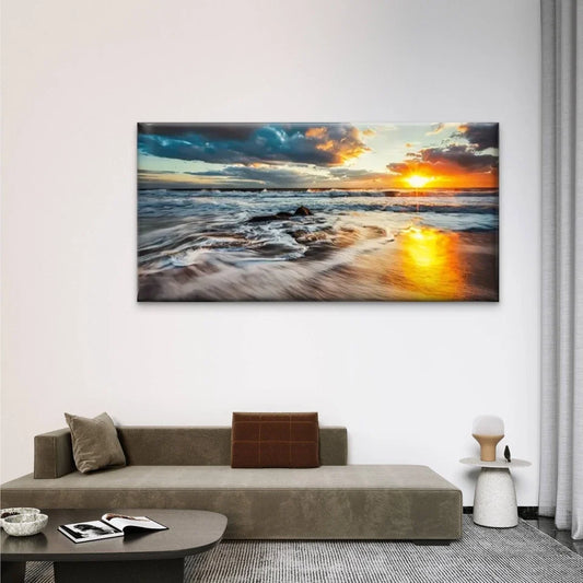 Sunset Beach Waves Crassh Wall Art Canvas Office Home Room Framed 80x45cm