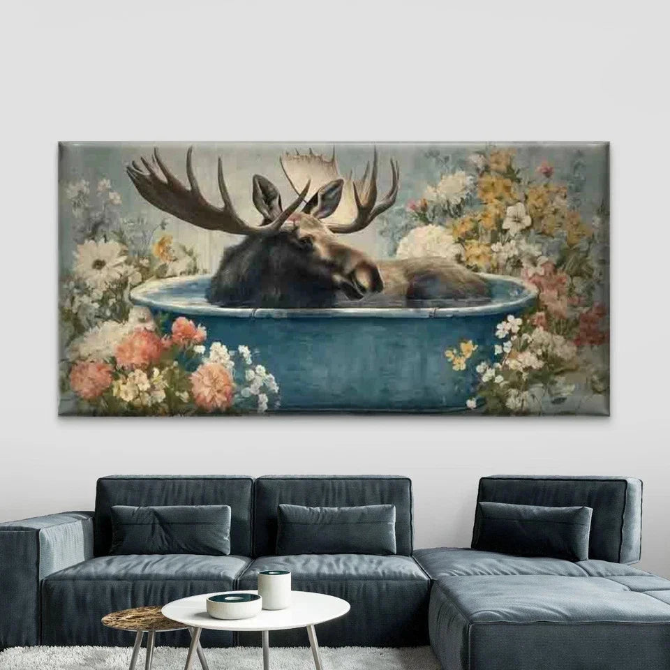 Moose in Bathtub Wall Art Canvas Office Home Room Framed 120x60cm