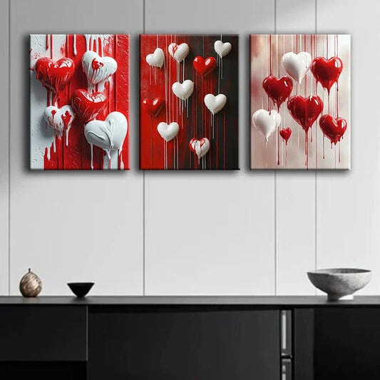 3pcs Red & White Heart Shapes Beautiful Metal Print Ready to Hang Art