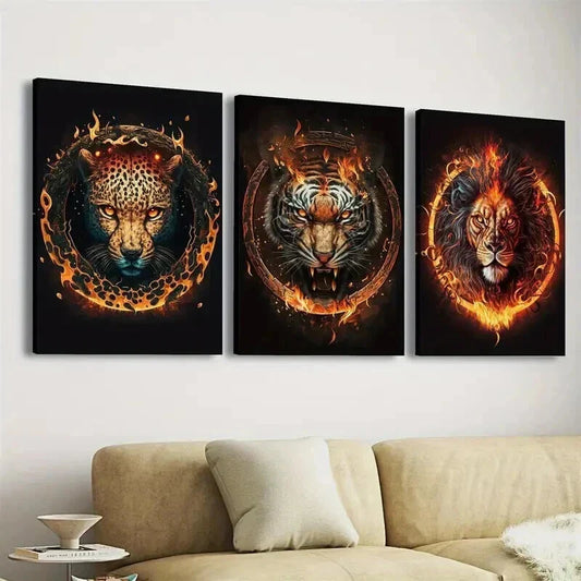 3pcs Fire Leopard Head And Tiger Lion Wall Art Set Canvas Framed 40x60cm - High Quality Print 100% Australian Made Wall Canvas Ready to Hang