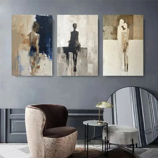 3pcs Minimalist Silhouettes in Soft Beige & Blue Metal Print Ready to Hang Art