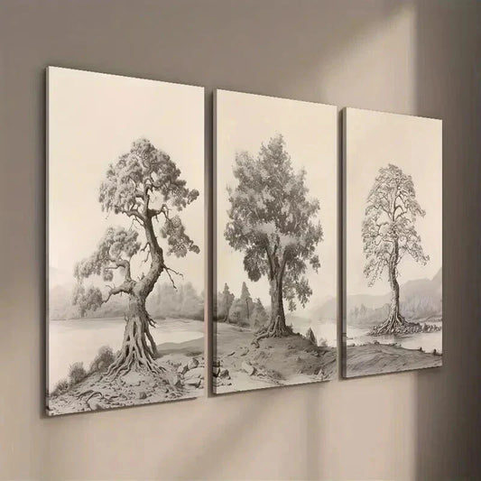 3pcs Vintage Forest Mountains Tree Landscape Wall Art Set Canvas Framed 40x60cm - High Quality Print 100% Australian Made Wall Canvas Ready to Hang