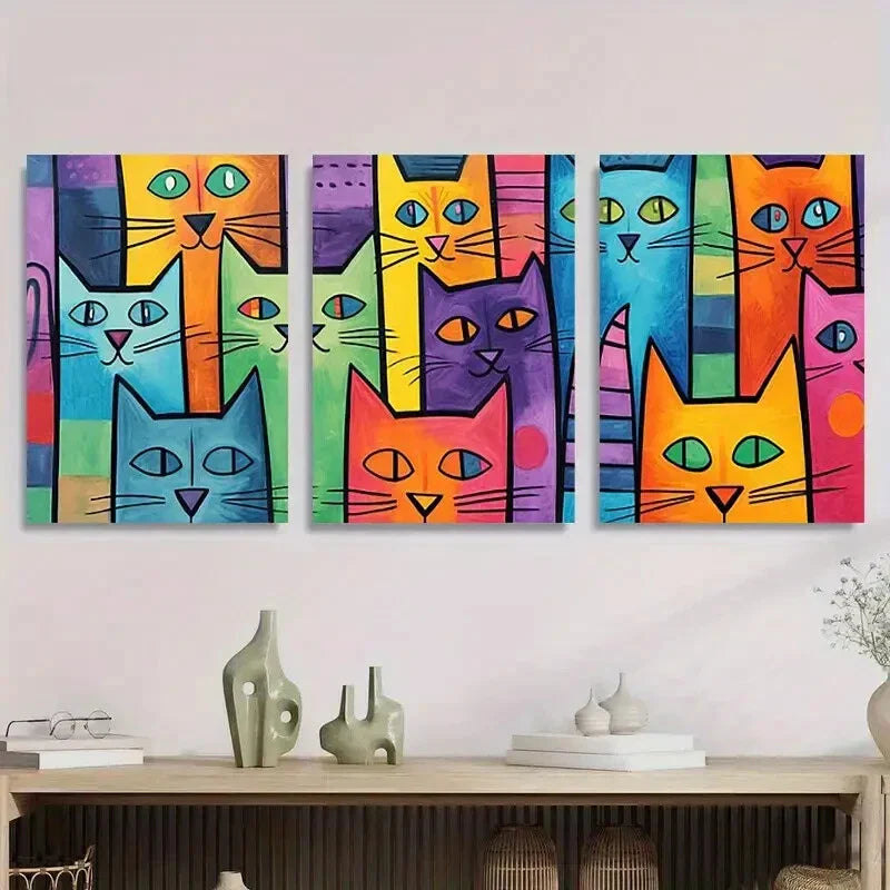 3pcs Colorful Cat Modern Abstract Metal Print Ready to Hang Art