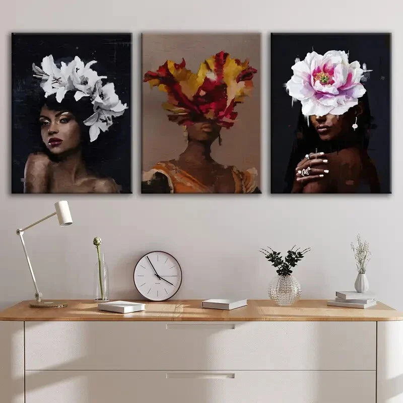 3pcs Fashion Portraits Floral Headpieces Black Wall Art Set Canvas Framed 40x60cm - High Quality Print 100% Australian Made Wall Canvas Ready to Hang