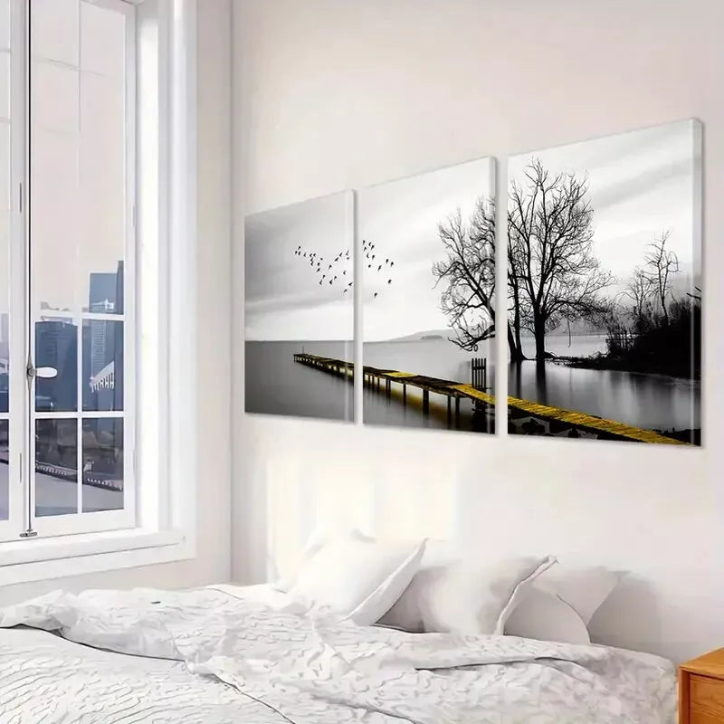 3pcs Black And White Lakeside Wooden Walkway Wall Art Set Canvas Framed 40x60cm - High Quality Print 100% Australian Made Wall Canvas Ready to Hang