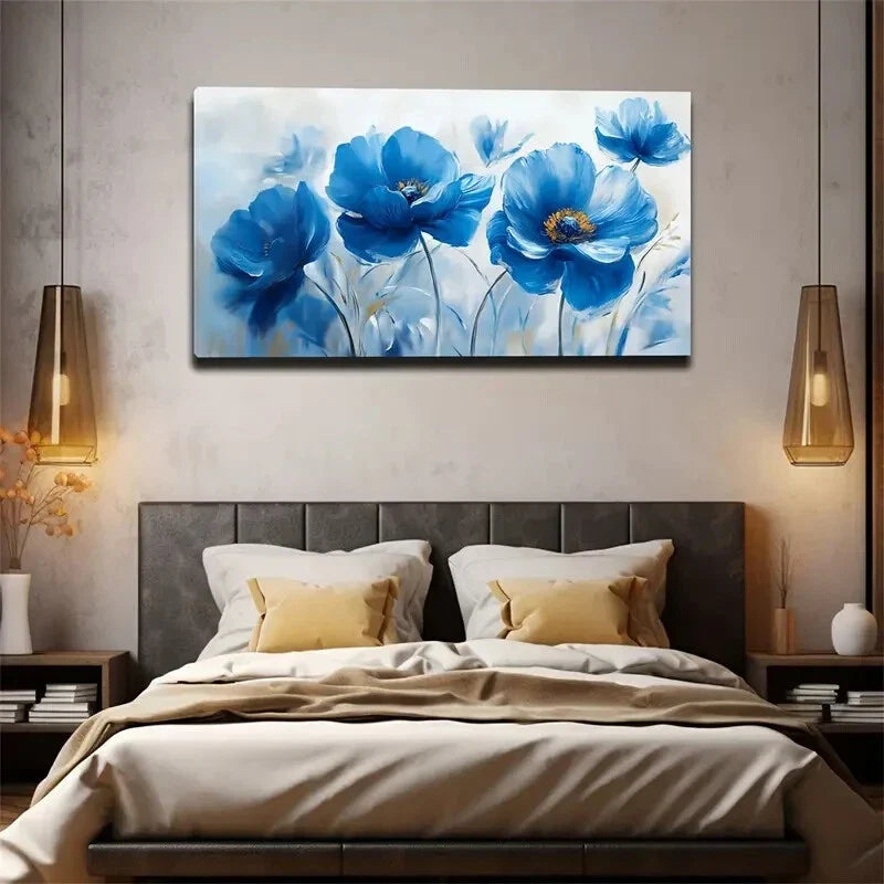 Blue Flowers With Yellow Center Wall Art Canvas Office Home Room Framed 120x60cm