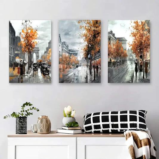 3pcs Paris Street Scene Autumn Trees Metal Print Ready to Hang Art