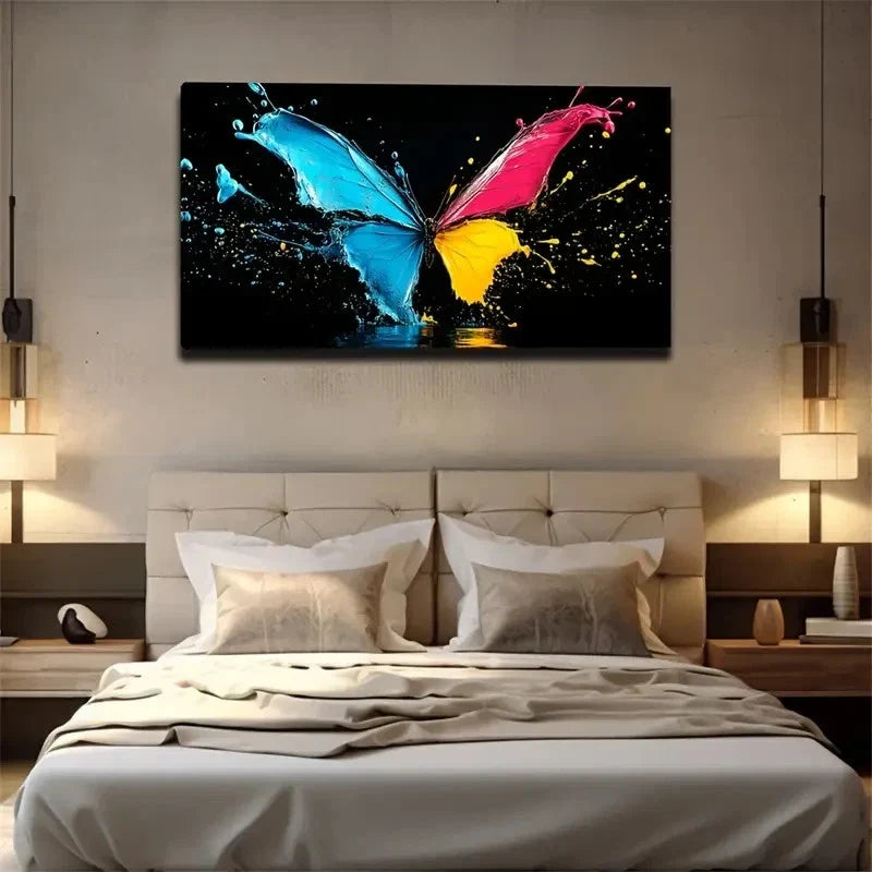 Butterfly & Ink Splatter Design Wall Art Canvas Office Home Room Framed 80x45cm