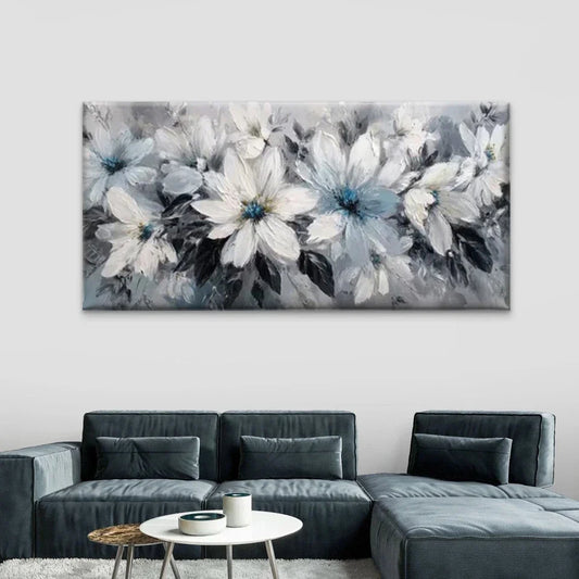 White & Blue Floral Abstract Wall Art Canvas Office Home Room Framed 80x45cm