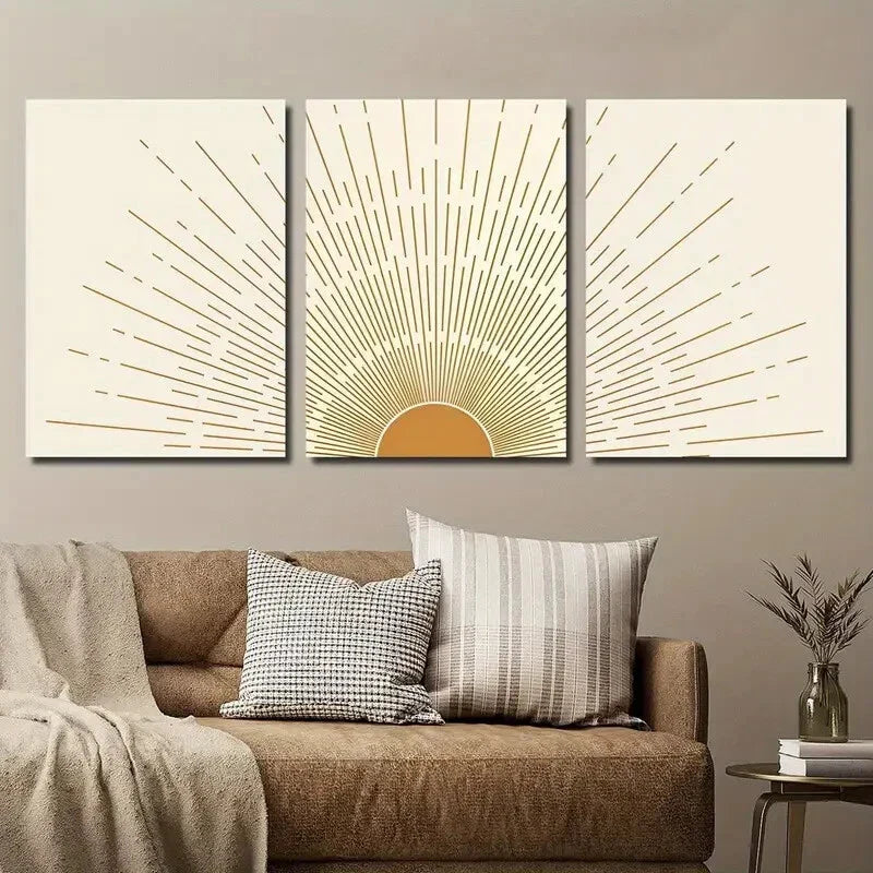 3pcs Abstract Geometric Sun Wall Art Set Canvas Framed 40x60cm - High Quality Print 100% Australian Made Wall Canvas Ready to Hang