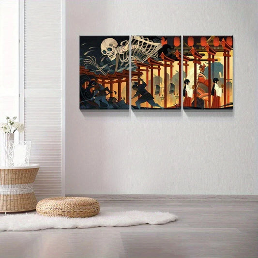 3pcs White Skeletons Golden & Black Metal Print Ready to Hang Art