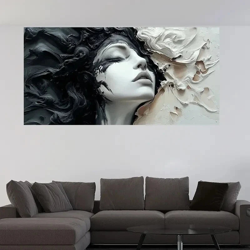 Abstract Black and White Face Wall Art Canvas Office Home Room Framed 120x60cm