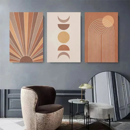 3pcs Abstract Geometric Warm Tones and Minimalist Metal Print Ready to Hang Art