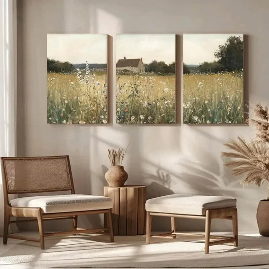 3pcs Countryside Neutral Floral Meadow Metal Print Ready to Hang Art