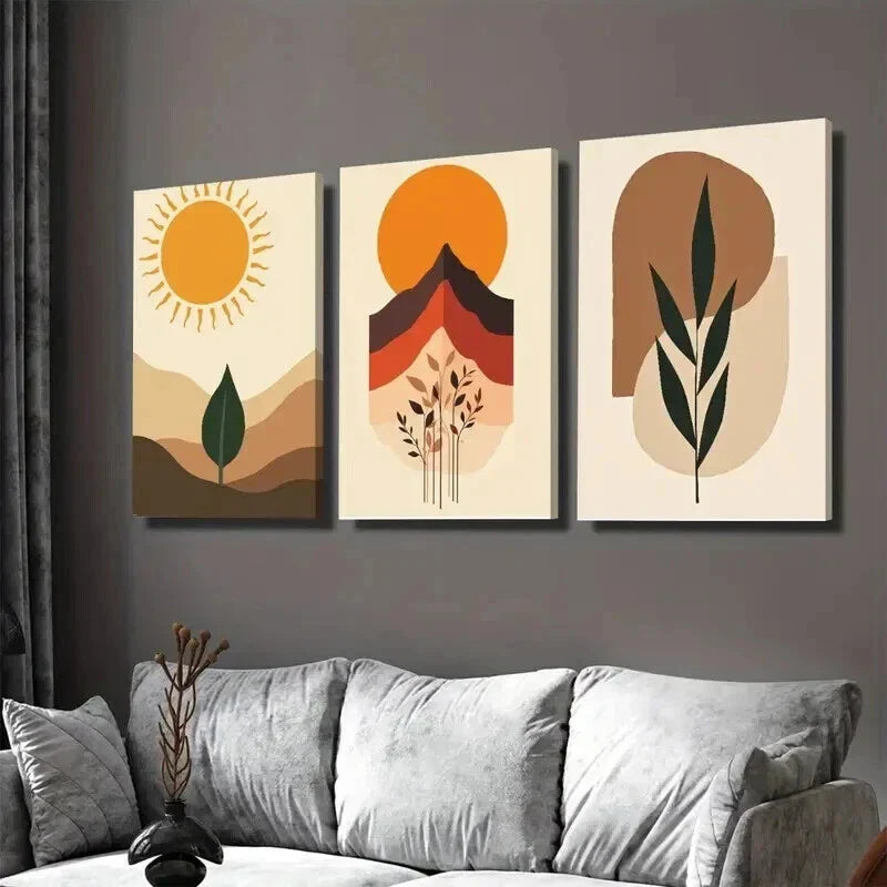 3pcs Modern Abstract Boho Sun, Mountains Wall Art Set Canvas Framed 40x60cm - High Quality Print 100% Australian Made Wall Canvas Ready to Hang