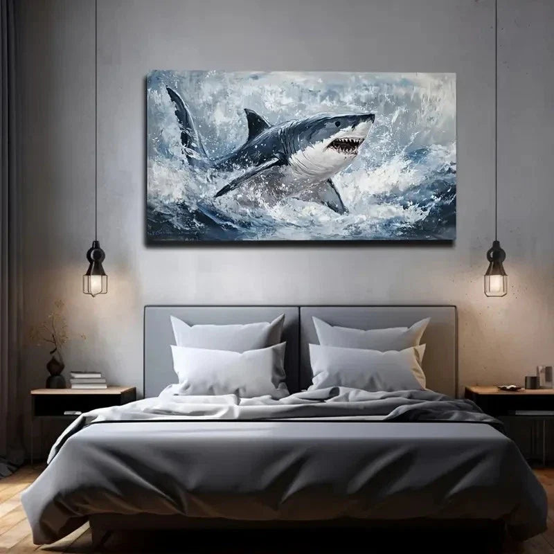 Dramatic Ocean Scene Shark Wall Art Canvas Office Home Room Framed 120x60cm