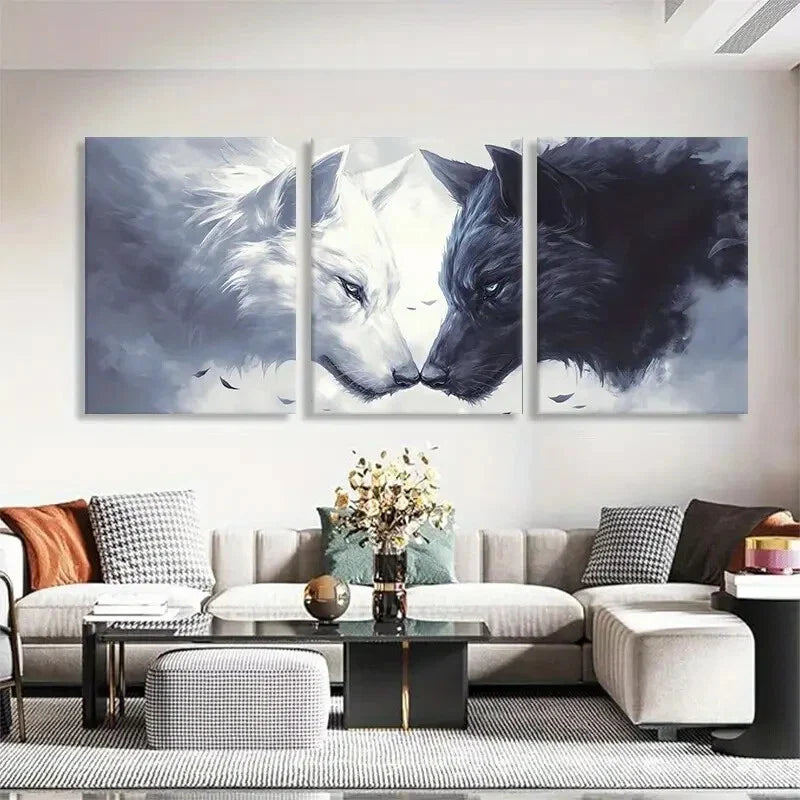 3pcs White and Black Wolf Face Abstract Perfect Wall Art Set Canvas Framed 40x60cm - High Quality Print 100% Australian Made Wall Canvas Ready to Hang