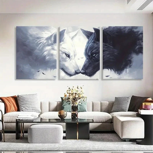 3pcs White and Black Wolf Face Abstract Perfect Wall Art Set Canvas Framed 40x60cm - High Quality Print 100% Australian Made Wall Canvas Ready to Hang