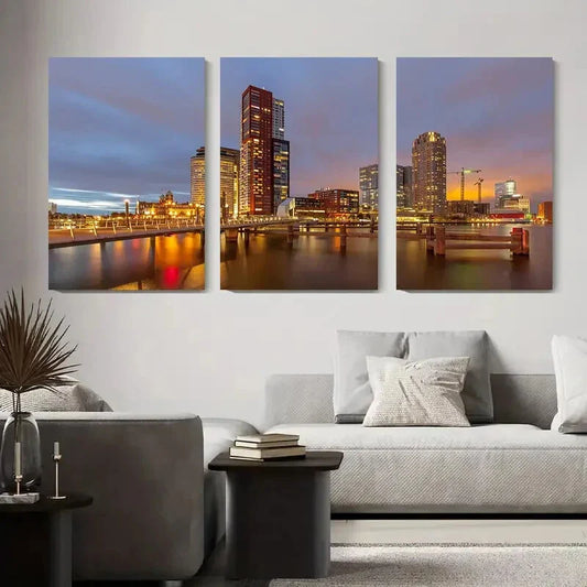 3pcs Rotterdam Cityscape at Dusk Skyline Night Metal Print Ready to Hang Art