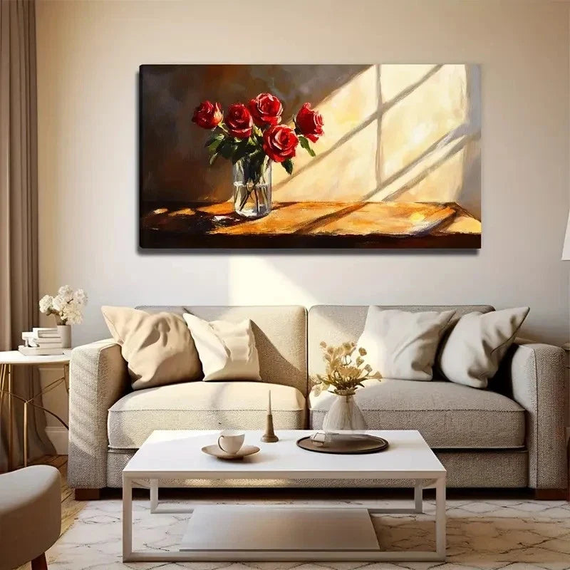 Sunshine Red Rose Suitable Wall Art Canvas Office Home Room Framed 120x60cm