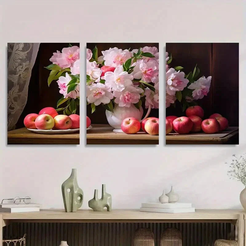 3pcs Pink Peony & Apple Floral Still Life Metal Print Ready to Hang Art