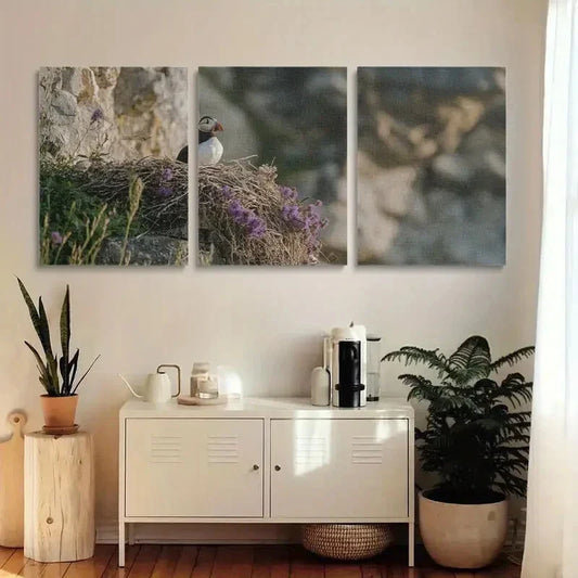 3pcs Sea Parrot A Puffin Is Sitting On The Edge Metal Print Ready to Hang Art