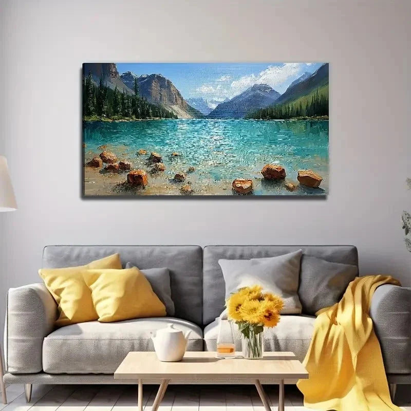 Lake Pine Trees Mountains Wall Art Canvas Office Home Room Framed 80x45cm