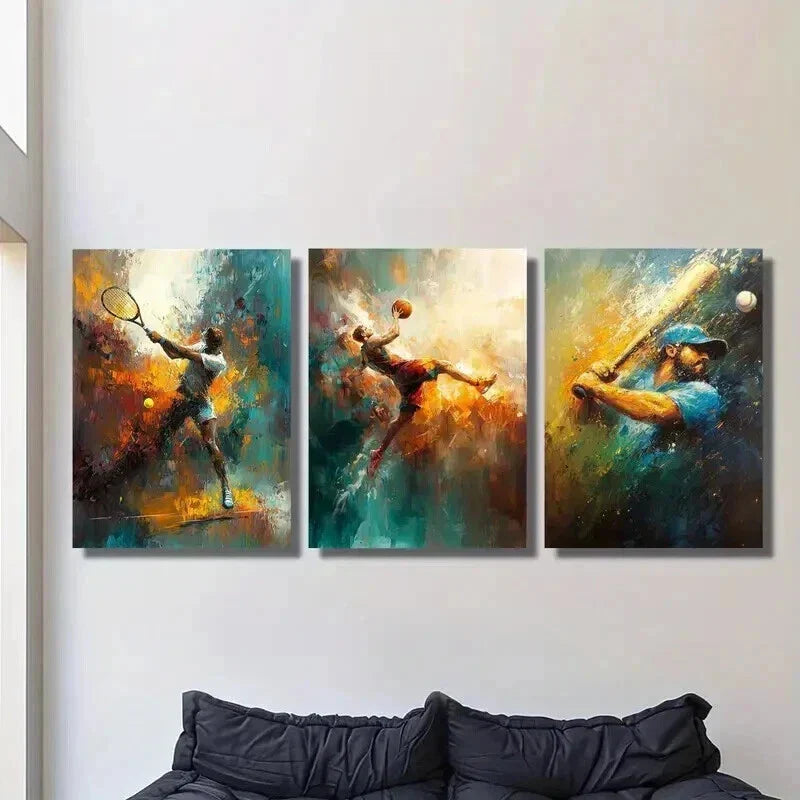3pcs Tennis Basketball Baseball Player in Motion Wall Art Set Canvas Framed 40x60cm - High Quality Print 100% Australian Made Wall Canvas Ready to Hang