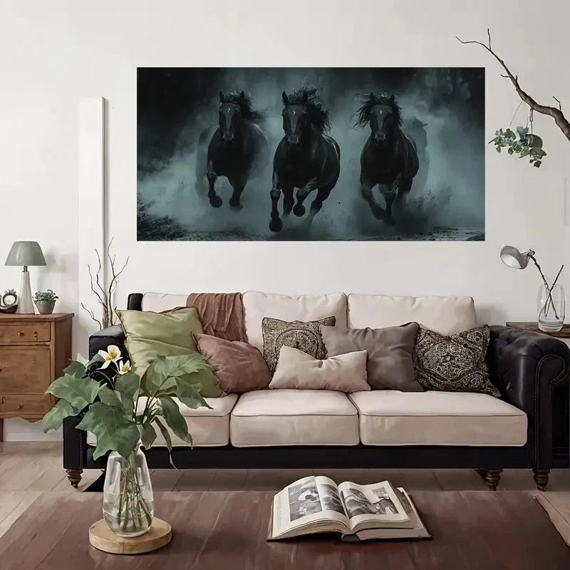 Black Stallions Galloping Wall Art Canvas Office Home Room Framed 120x60cm