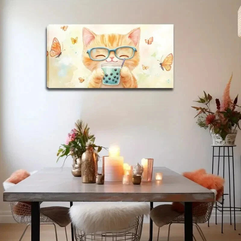 Brown Kitten Holding A Cup Wall Art Canvas Office Home Room Framed 120x60cm