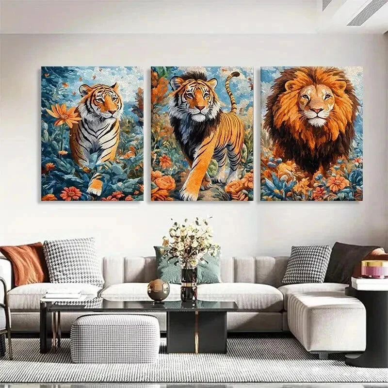 3pcs Majestic Tiger and Lion Floral Jungle Hues Wall Art Set Canvas Framed 40x60cm - High Quality Print 100% Australian Made Wall Canvas Ready to Hang
