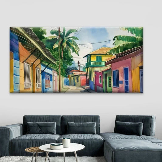 Caribbean-Style Tropical Street Wall Art Canvas Office Home Room Framed 80x45cm