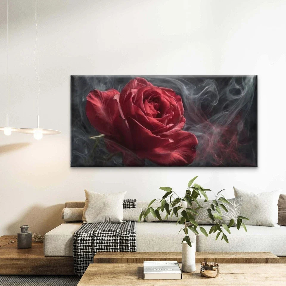Red Rose & Smoke Floral Wall Art Canvas Office Home Room Framed 80x45cm