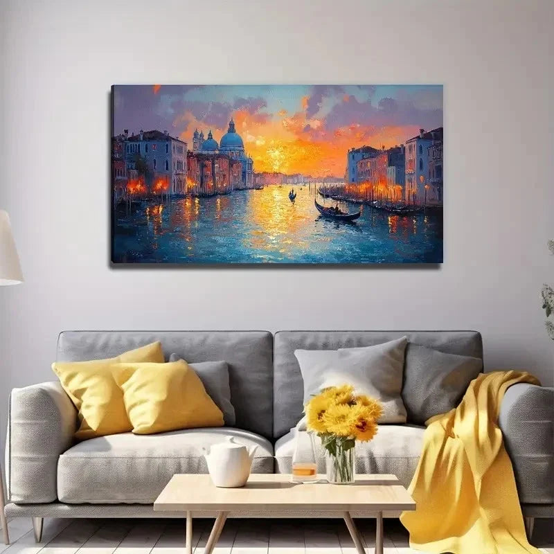 Venetian Sunset Modern Wall Art Canvas Office Home Room Framed 80x45cm