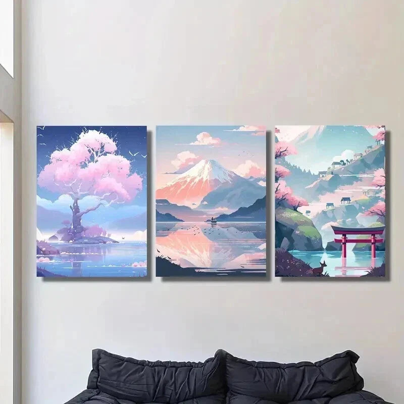 3pcs Pink Trees by the Lake & Mountain Scenery Wall Art Set Canvas Framed 40x60cm - High Quality Print 100% Australian Made Wall Canvas Ready to Hang