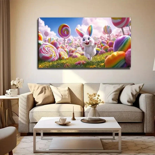 A Cheerful Rabbit Lollipop Wall Art Canvas Office Home Room Framed 120x60cm