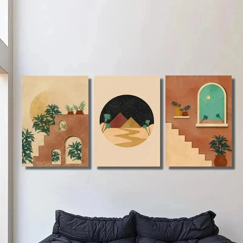 3pcs Moroccan Burnt Orange Oasis in the Desert Wall Art Set Canvas Framed 40x60cm - High Quality Print 100% Australian Made Wall Canvas Ready to Hang