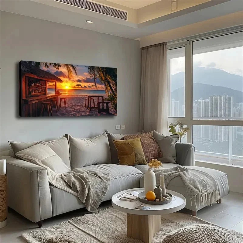 Tropical Beach Sunset Thatched Wall Art Canvas Office Home Room Framed 80x45cm
