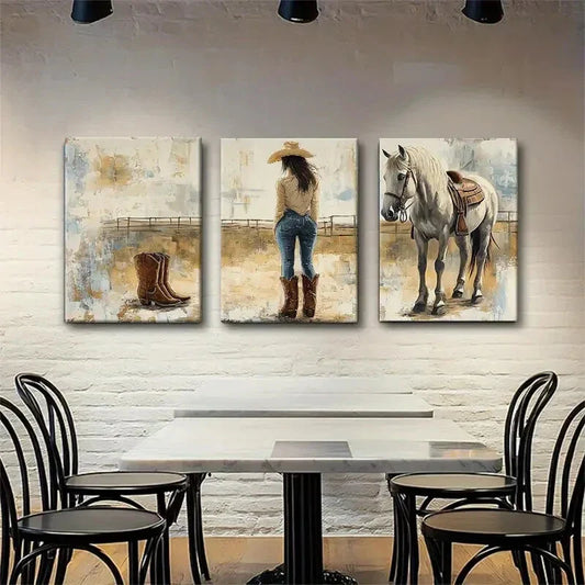 3pcs Western Cowgirl Rustic Country Perfect Wall Art Set Canvas Framed 40x60cm - High Quality Print 100% Australian Made Wall Canvas Ready to Hang