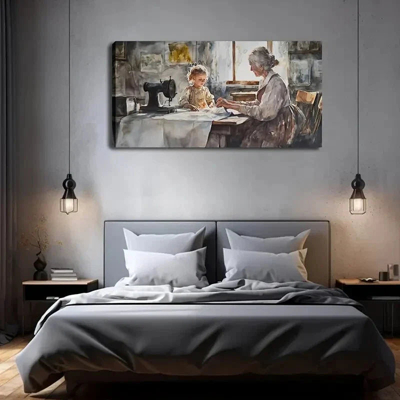 Charming Youngsters Sewing Wall Art Canvas Office Home Room Framed 120x60cm
