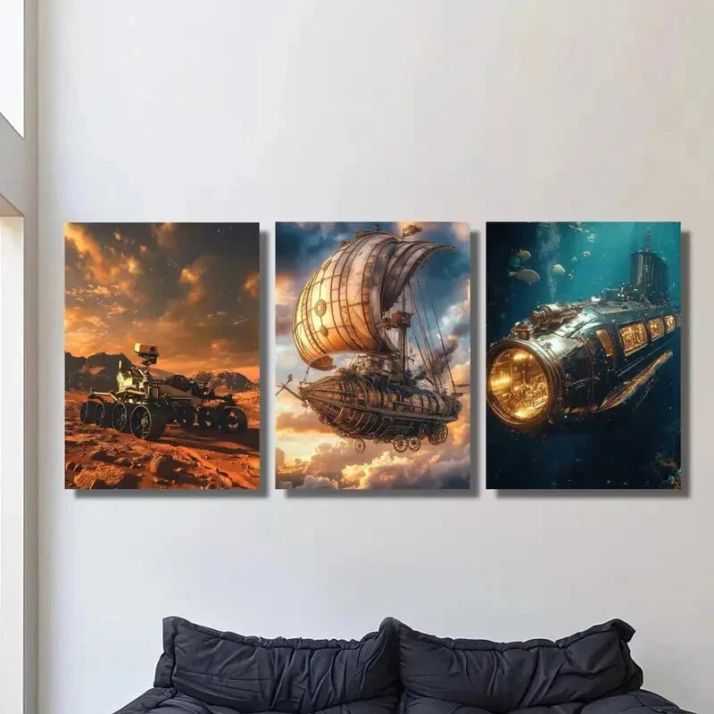 3pcs Mars Rover Steampunk Airship And Submarine Wall Art Set Canvas Framed 40x60cm - High Quality Print 100% Australian Made Wall Canvas Ready to Hang
