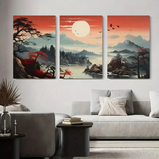 3pcs Mountain Landscape Traditional Asian Metal Print Ready to Hang Art
