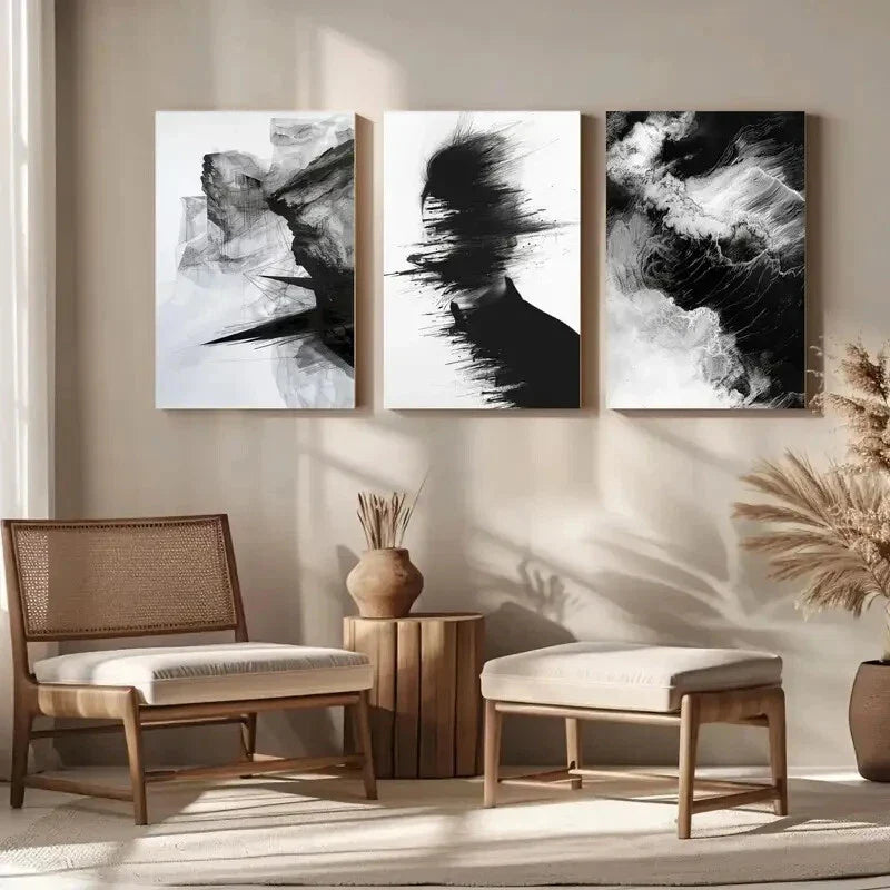 3pcs Vintage Black White Abstract Black Metal Print Ready to Hang Art