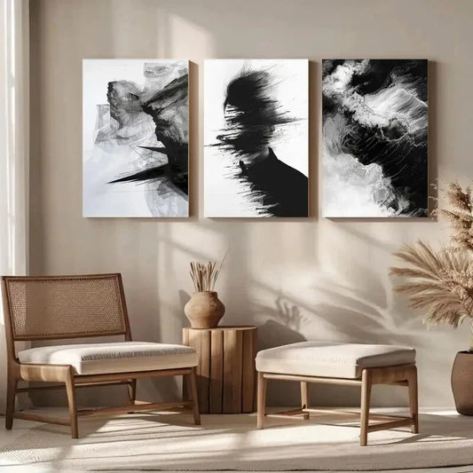 3pcs Vintage Black White Abstract Black Metal Print Ready to Hang Art